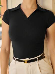 Andrea Bello Women's Summer Solid Color Tight-Fitting Turn-Down Collar Short Sleeve T-Shirt - Black - View 9
