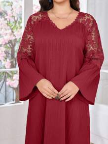 Modelyn Casual Solid Color Lace Patchwork V-Neck Ruffle Hem Long Sleeve Loose Maxi Dress, Plus Size, Spring/Summer Fall - Burgundy - View 3