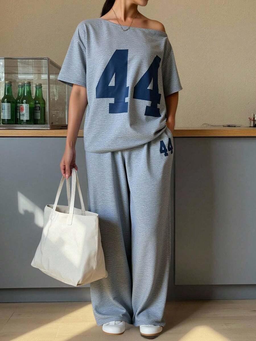 SHEIN 少女休闲字母印花不对称领口宽松短袖T恤套装,夏季 - 灰色 - 查看 1