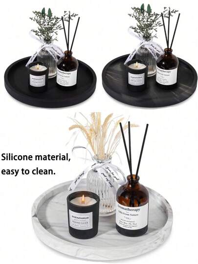 1 pieza/3 piezas Bandeja de almacenamiento de patrón de mármol redondo, organizador de baño, fácil de limpiar, portavelas/portador de fragancias, bandeja de tocador de silicona, plato para joyas, ideal para jabón líquido, champú, frascos de especias, florero, para decorar el hogar, el baño, la cocina, la sala de estar, la mesa de café, los platos del comedor, regalos de cumpleaños y graduación