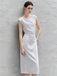 Chiquease Women's Elegant White Linen Blend Midi Dress With Round Neck And Cap Sleeves, Soft And Modest Design For Any Occasion. - White - View 7