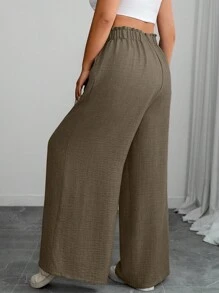 SHEIN PETITE 大码女式纯色荷叶边腰带休闲阔腿裤 - 咖啡棕 - 查看 7