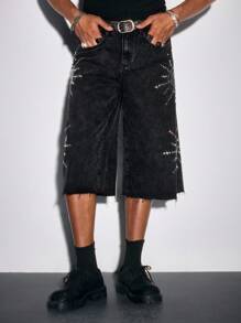 ROMWE MEN Street Life Men's Summer Fashionable Rhinestone Decor 3/4 Length Denim Jeans - Black - View 6