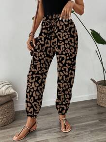 SHEIN LUNE 夏季女式松紧腰荷叶边下摆休闲豹纹裤，度假宽松长裤 - 彩色 - 查看 2