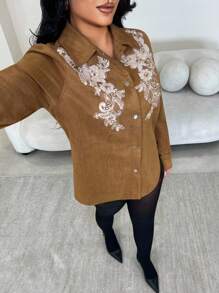 SHEIN SXY Kurtka casualowa vintage z haftem kwiatowym i cekinami - Brązowy - Zobacz 7