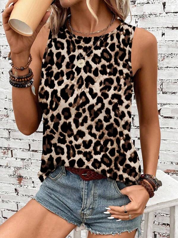 EMERY ROSE Damen lässiges Trägershirt mit Rundhalsausschnitt und Leoprint, geeignet für Frühling/Sommer