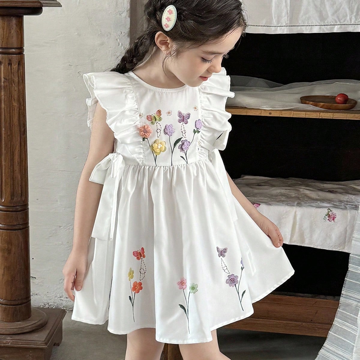 LMoss Young Girl Woven Floral Ruffle Hem Casual Dress Flower Girl Dress White Butterfly Dress White Dress Young Girl Dress Girls White Dress With Flowers Butterfly Dress White Dress Young Girl White D 