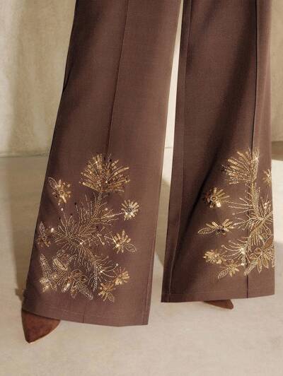 Elegant Women's Floral Sequin Wide Leg Loose Fit Pants