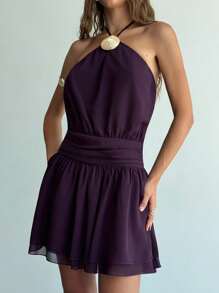 Aloruh Women's Dark Purple Summer Casual Mini Halter Neck Dress,Metal Shell Decor Ruched Chiffon Vacation Holiday Beach Outfits Wedding Guest Dress - Purple - View 5