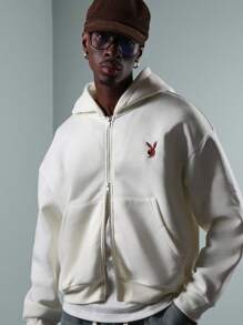 PLAYBOY X SUMWON Sudadera con capucha con cremallera completa, ropa urbana con logo de conejito, informal y cálida para otoño e invierno - Blanco - Ver 6