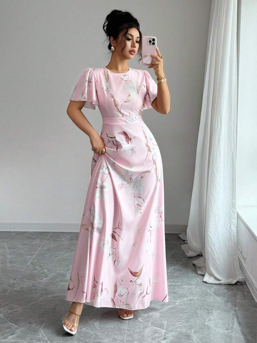 Elenzga 荷叶边袖圆领束腰数码花卉印花优雅浪漫女式连衣裙