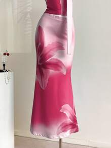 Elamini 女式夏威夷花卉印花短款上衣和低腰紧身裙，春夏 - 粉色 - 查看 5