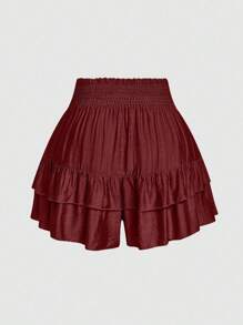 SHEIN LUNE Plus Size Holidaya Paperbag Waist Ruffle Hem Wide Leg Shorts - Redwood - View 2