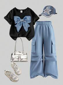 SHEIN ChillGRL Bộ 2 áo phông thường ngày mùa hè cho bé gái tuổi teen, áo phông cổ tròn tay ngắn thêu nơ và quần túi hộp, trang phục thời trang cho mùa xuân/hè - màu đen - Xem 11