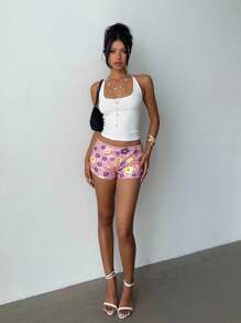 Aloruh Short femme sexy et mignon taille basse avec sequins, perles et broderie. Style Y2K, streetwear pour femme, idéal pour l'aéroport - Bleu ciel - Voir 5