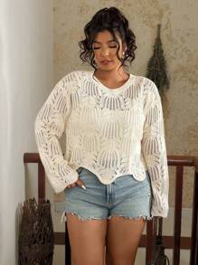 Travachic Plus Size Casual Loose Hollow Out Long Sleeve Crew Neck Women Sweater In Fall/Winter - Apricot - View 3