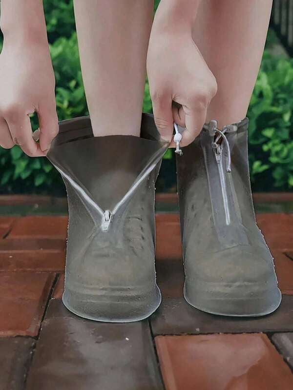 1 Pair White Transparent Plastic Drawstring Waterproof Rain Shoe Covers, Various Sizes, Non-Slip, Waterproof And Dustproof Reusable Shoe Covers, Outdoor Accessories, Suitable For School, Office, Home, Travel, Shoe Storage