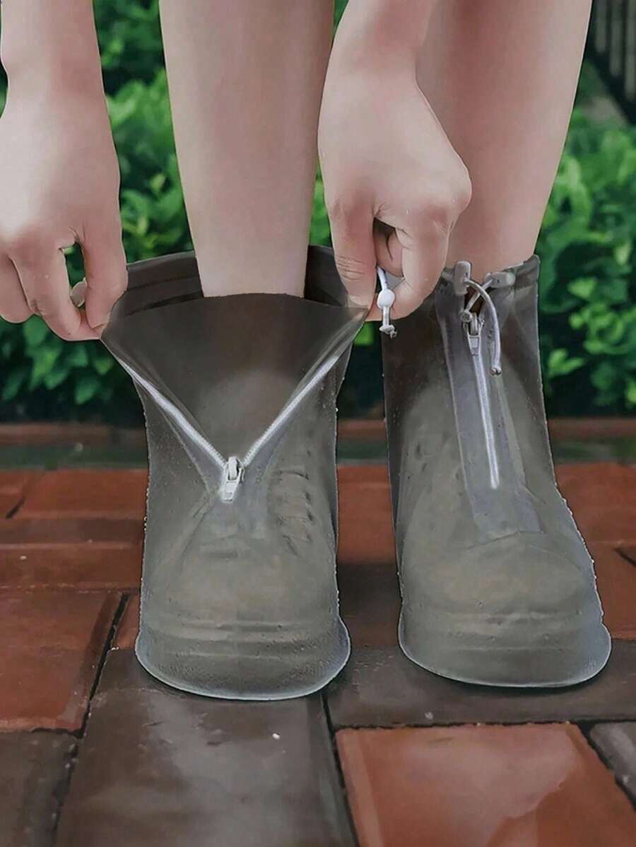 SHEIN 1 Paar weiße transparente Plastik Ziehband Wasserdichte Regenschuh-Überzüge, verschiedene Größen, rutschfest, wasserdicht und staubdicht wiederverwendbare Schuhüberzüge, Outdoor-Zubehör, geeignet für Schule, Büro, Zuhause, Reise, Schuhaufbewahrung - Schwarz - Übersicht 1
