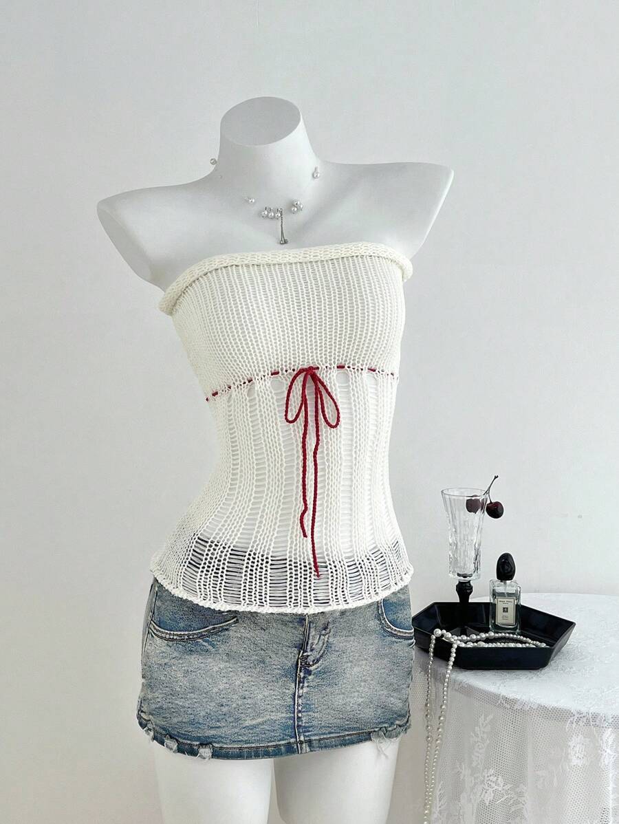SHEIN Unity Women Holiday Casual Lace-Up Hollow-Out Knitted Halter Top Fall Winter - White - View 1