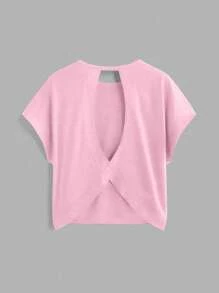 SHEIN Essnce 3件套女士夏季休闲圆领露背宽松短袖T恤套装，黑/粉/白，3件装露脐上衣，适合外出、返校穿着 - 彩色 - 查看 7