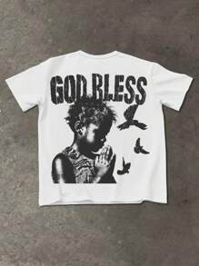 Manfinity EMRG Men's Casual Letter & Figure Print Round Neck Short Sleeve T-Shirt, Summer God Graphic Tees God Tshirt - White - View 5