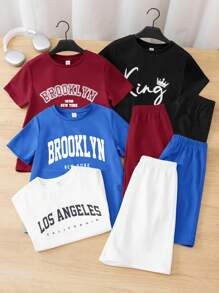 SHEIN 8pcs/Set Tween Boys Casual Loose Letter Pattern Round Neck T-Shirt & Shorts Set, Suitable For Commuting, School, Daily Casual Wear, Sports In Spring/Summer