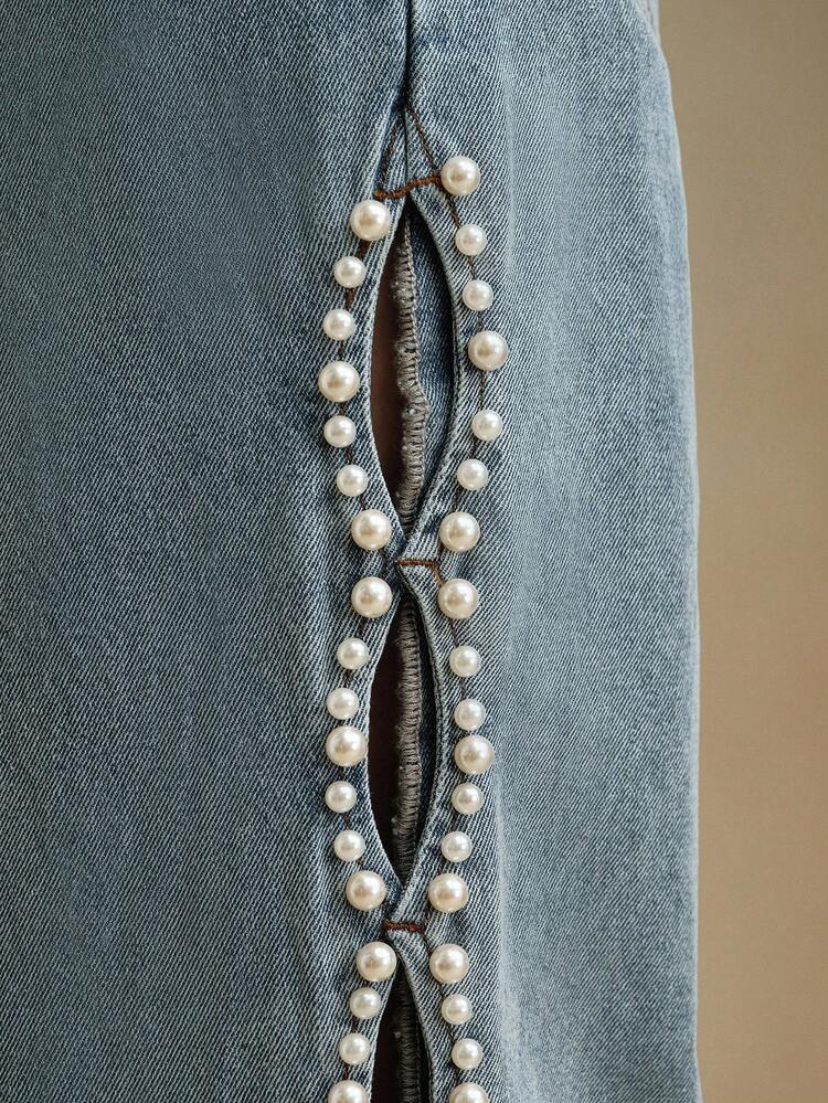 Vintage Style Beaded Women's Slim Fit Blue Denim