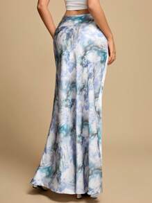 Glamine 优雅百搭A字裙，缎面印花裙，夏季连衣裙，修身时尚裙 - 藍色 - 查看 2