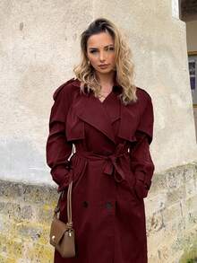 Jeta Ari New Windproof Coffee Color Versatile Extra Long Cinched Waist Double Breasted Decorative Button Down Trench Coat With Oversized Collar, British Style - Burgundy - View 4
