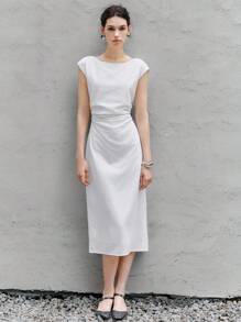 Chiquease Women's Elegant White Linen Blend Midi Dress With Round Neck And Cap Sleeves, Soft And Modest Design For Any Occasion. - White - View 5