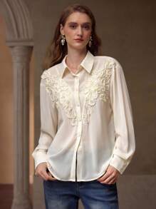 MOTF PREMIUM APPLIQUES BUTTON UP SHIRT - Apricot - View 4