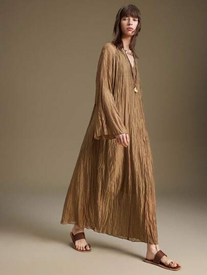 Ontre 2026 Spring/Summer Women's Solid Color V-Neck Flare Sleeve Loose Dress, Elegant For Teacher's Night Out, Wedding Guest, Business Casual, Independence Day Holiday, Beach, Graduation, Wedding Guest