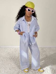 Coolane Kids 青少年女孩，夏季，3 件套：蓝白条纹前开衫，配套蓝白条纹裤子和白色背心，开学季