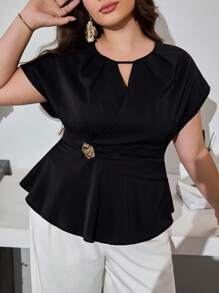 Modelyn 大码女式纯色圆领不对称下摆休闲/工作衬衫 - 黑色 - 查看 4