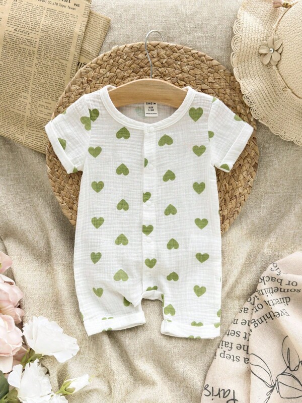 SHEIN Newborn Baby Summer Cotton Double Gauze Heart Print Front Jumpsuit Open Collar Short Sleeve Romper, Valentines Clothes, Valentines Outfit, Newborn, Unisex Baby Clothes, Baby Romper, 0M-9M