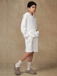 SHEIN Explorewe 2 件套时尚青少年男孩波浪提花长袖连帽衫，带大口袋 + 休闲短裤，适合上学、通勤、度假、正式场合、旅行、户外、春夏季、日常休闲、家庭聚会、秋冬季 - 白色 - 查看 8