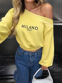 SHEIN LUNE Áo nỉ ngắn thêu chữ vai bất đối xứng thường ngày cho nữ, thiết kế tay áo đa năng, màu vàng bơ thời trang dạo phố dễ thương Y2k trở lại trường học trở về nhà mùa đông mùa thu đi chơi sân bay áo cơ bản mùa thu - Màu vàng - Xem 4