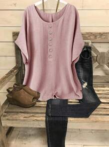 Linhara 大码女式圆领纽扣休闲衬衫 - 粉色 - 查看 1