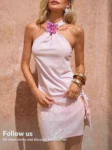 SHEIN Clasi Women's Elegant Sleeveless Top With 3D Floral Decor & Ruffle Detail Graduation Boho - Pink - View 1