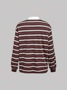 SHEIN MOD Women's Pink And White Striped Polo Shirt,Autumn 90s Retro Long Sleeve Collared Shirt,School Back-To-School Casual Daily Wear Striped Long Sleeve Top - Red - View 3