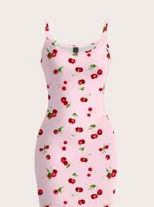 SHEIN EZwear 休闲简约樱桃图案全覆盖紧身吊带裙，适合夏季 - 彩色 - 查看 4