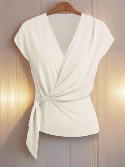 Franclia Women's Elegant Twist Design Solid Color Short Sleeve Casual T-Shirt