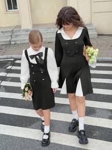 Teen Girl Elegant Colorblock Splice 2 In 1 Dress - Black and White - View 8