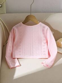 Young Girl Knitted Hollow-Out Fabric Ruffle Hem Short Jacket, Sweet & Cool, & Elegant, Suitable For Spring & Autumn, Outdoor, Versatile Occasions - Pink - View 2