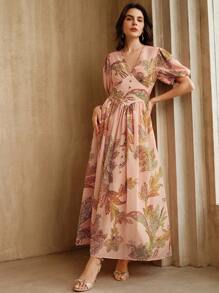 Anewsta Vintage Vacation Style V-Neck Puff Sleeve Fitted Vacation Dress For Ladies - Multicolor - View 6