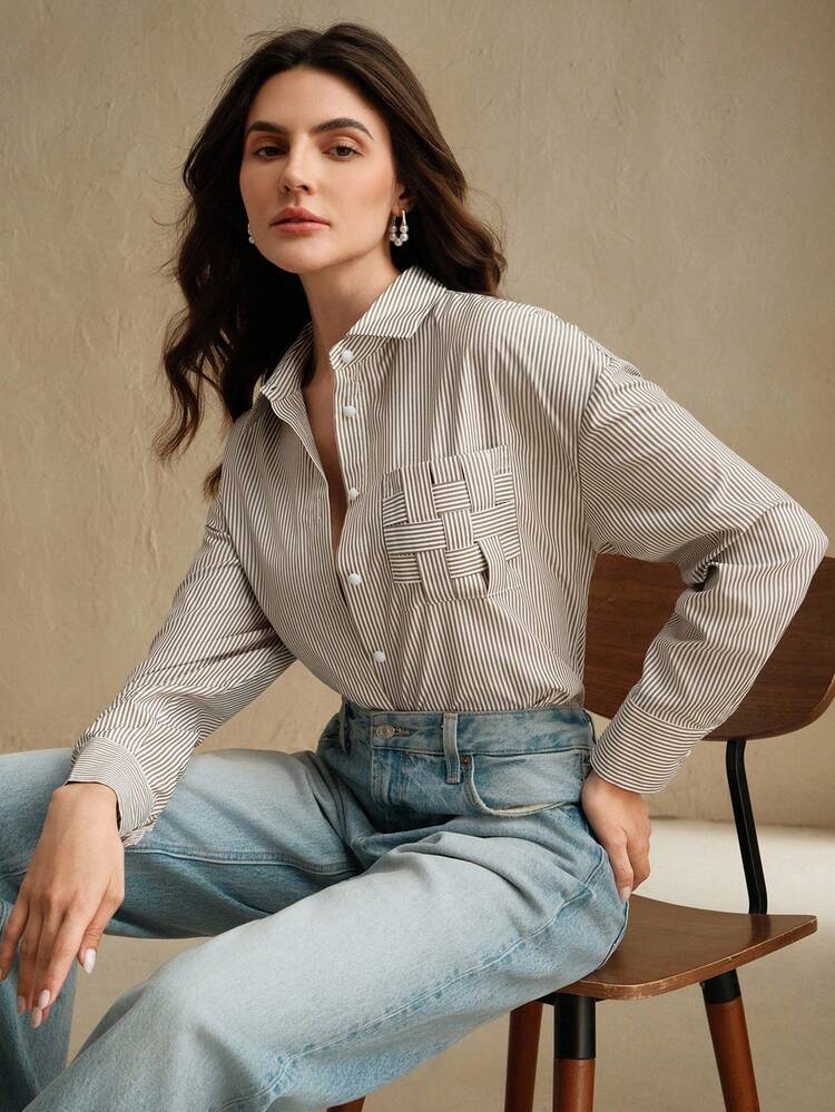 Blusa de manga larga a rayas premium para mujer, camisa elegante, refinada para mujeres, adecuada para vacaciones, otoño, invierno, salir, elegante, formal, fiesta, chic, Año Nuevo, Navidad, trabajo, graduación, boda