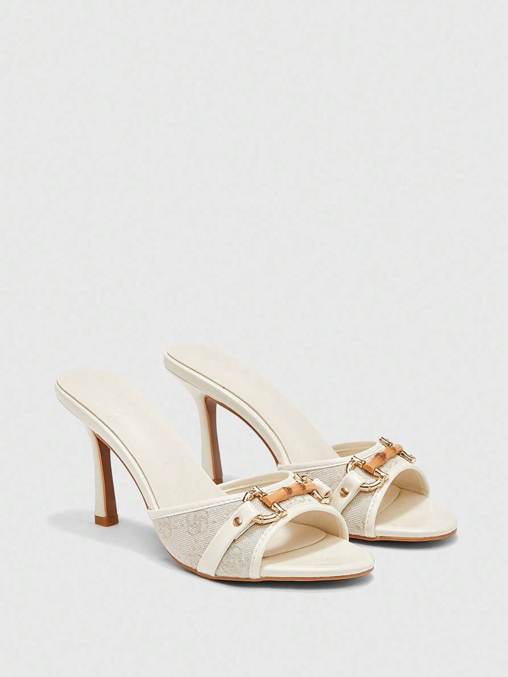 CUCCOO BIZCHIC Beige PU Leather Gold Metal Buckle Fashionable Comfortable Summer Elegant Round Toe Mule High Heel Sandals For Women For Christmas Spring Shoes Summer Shoes