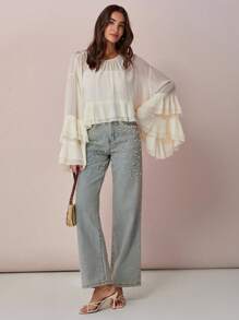 2026 Blusa de manga acampanada de unicolor elegante para la oficina y el ir y venir para mujeres - Albaricoque - Ver 2