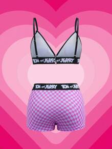 TOM & JERRY X SHEIN 女士棋盘格和卡通印花吊带背心文胸和四角裤内衣套装 - 粉色 - 查看 2