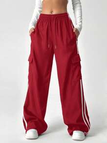 SHEIN EZwear Women's Casual Red Drawstring Waist Striped Side Pocket Long Pants - Red - View 4